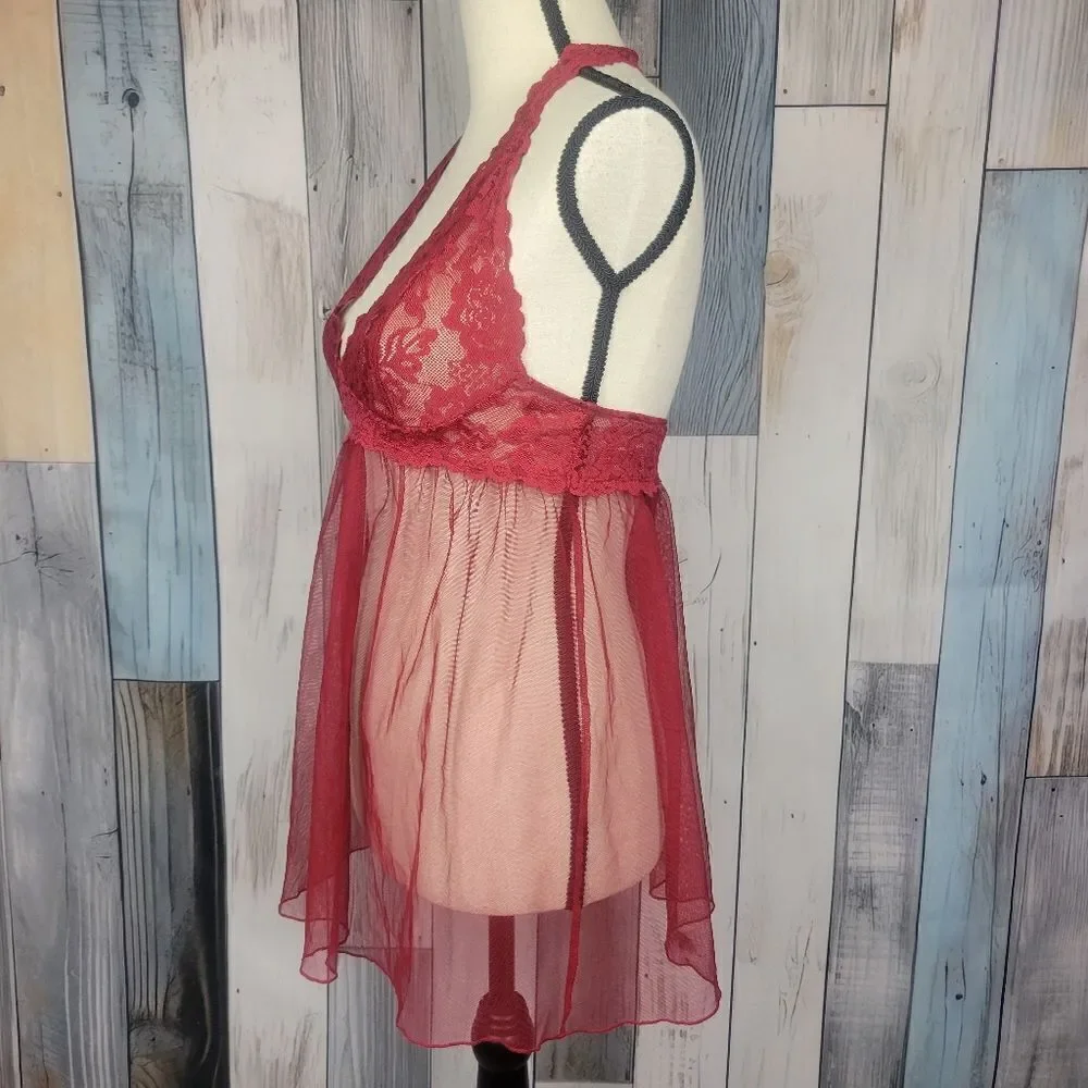 Victoria's Secret Red Teddy Babydoll Sheer Halter Slip On Size Medium